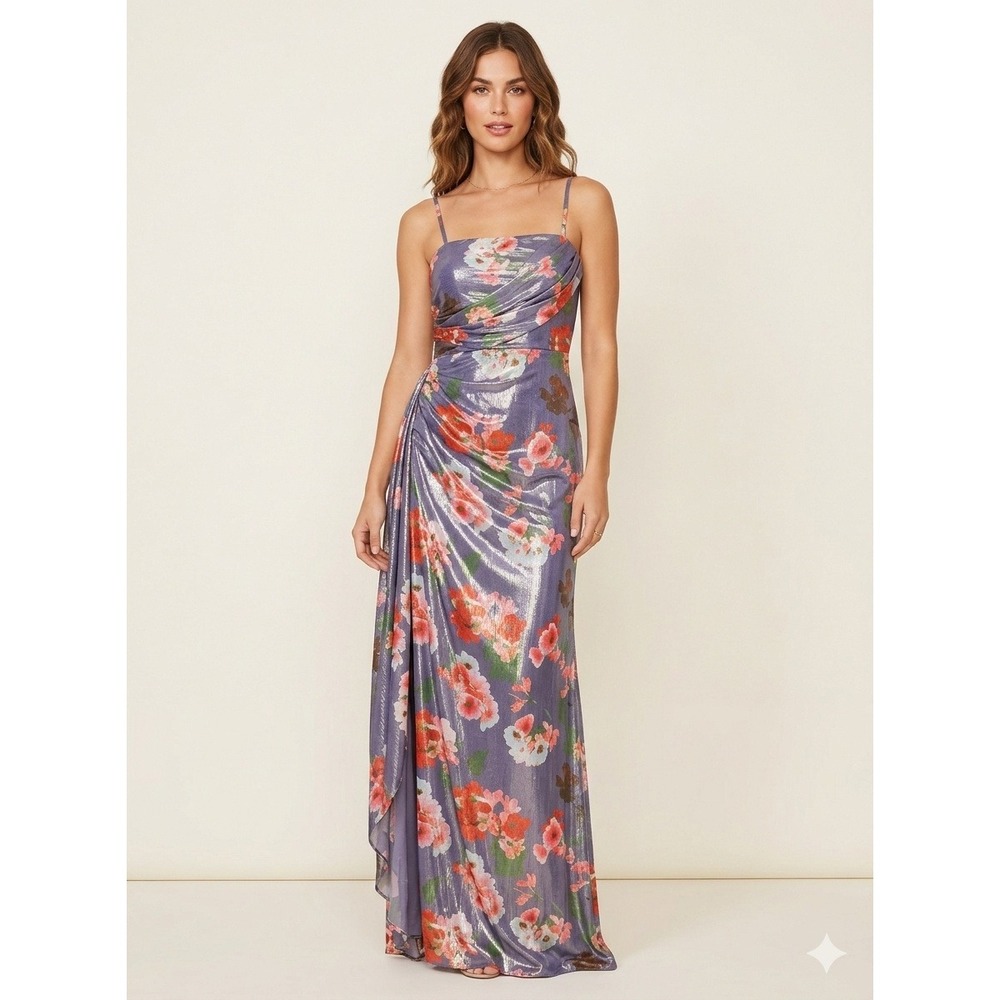 Dress The Population Maxi Dress Womens XS Nicole Floral Metallic Ruched Gown